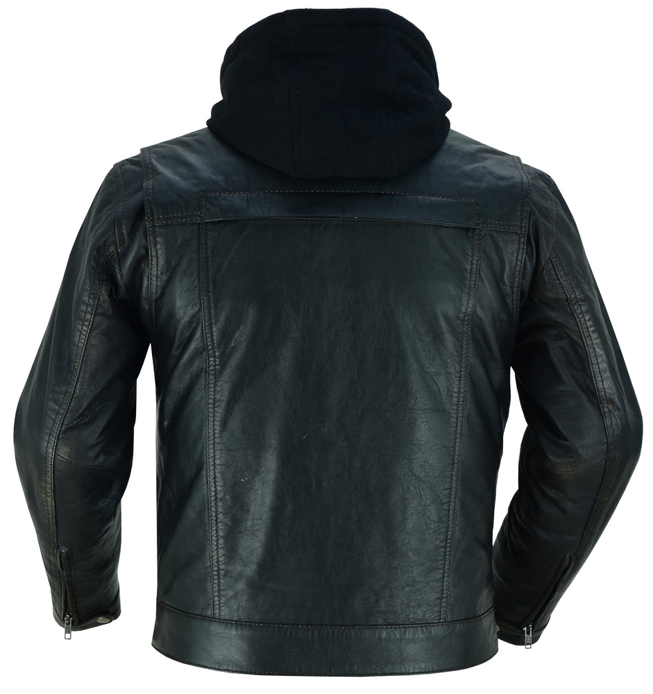RC Men's Black Lightweight Drum Dyed  Distressed Lambskin Jacket with Removable Hoodie