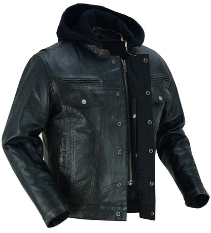 RC Men's Black Lightweight Drum Dyed  Distressed Lambskin Jacket with Removable Hoodie
