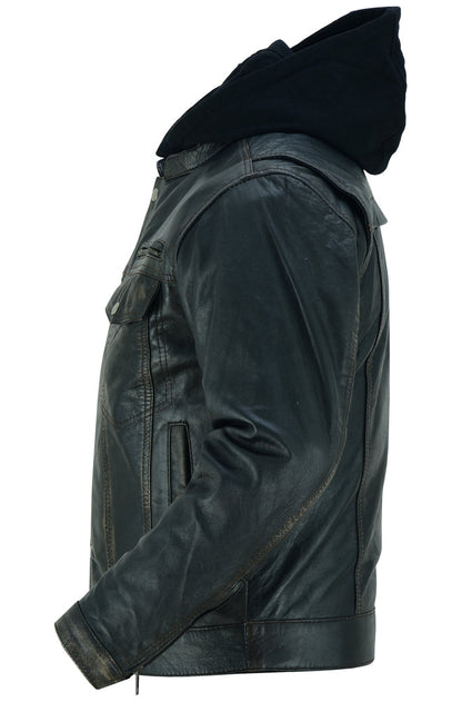 RC Men's Black Lightweight Drum Dyed  Distressed Lambskin Jacket with Removable Hoodie