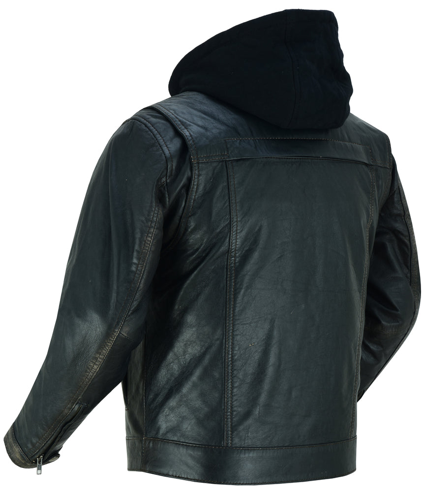 RC Men's Black Lightweight Drum Dyed  Distressed Lambskin Jacket with Removable Hoodie