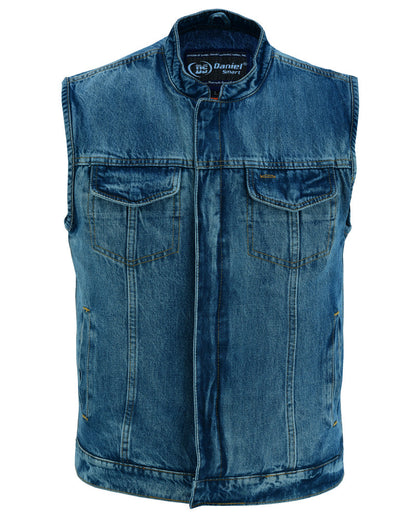DM Men's Blue Denim Motorcycle Vest with Lace & Pockets