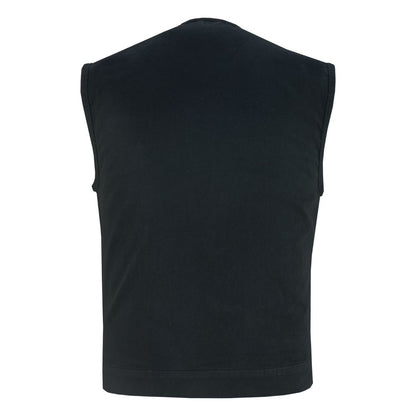 DM Mens Black Denim Motorcycle Vest with Concealed Snaps & Zipper