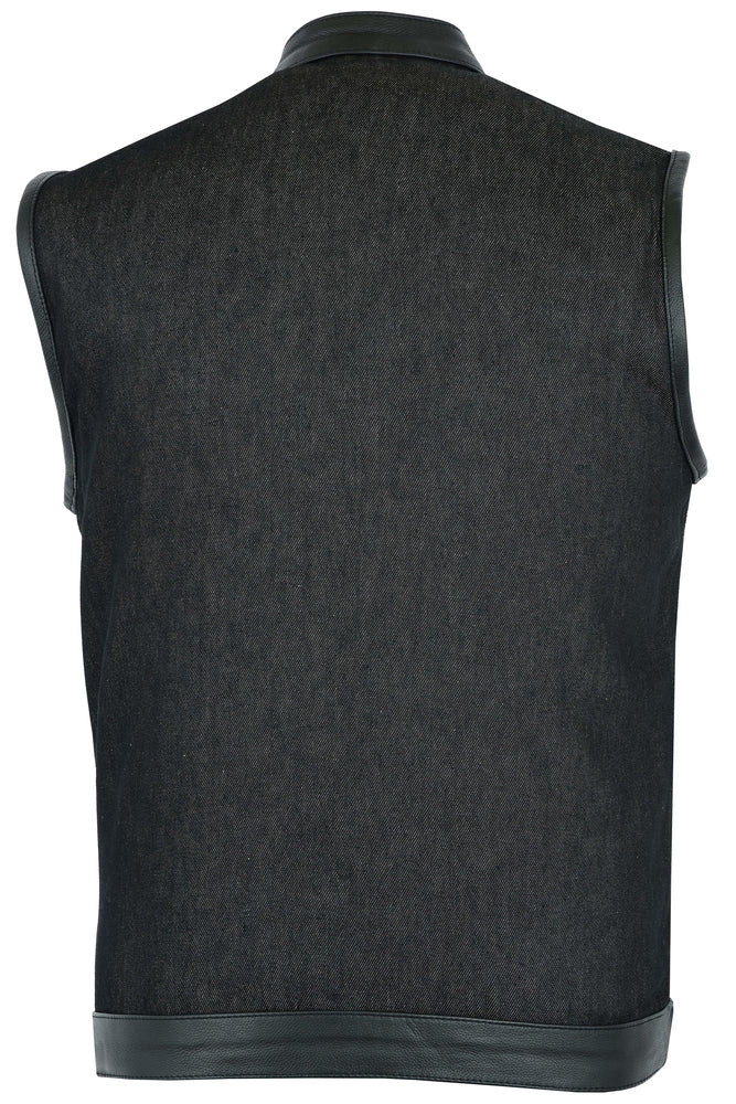 DM Men's Upgraded Rough Rub-Off Denim Motorcycle Vest w/Leather Trim