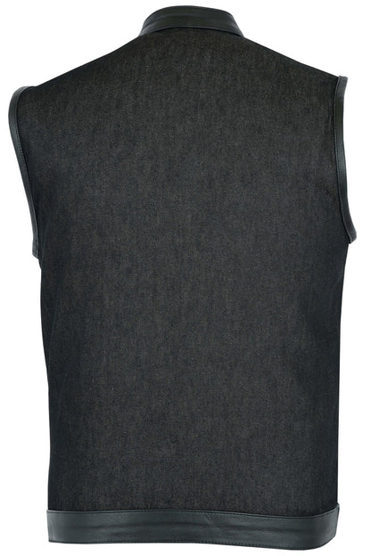 DM Men's Upgraded Rough Rub-Off Denim Motorcycle Vest w/Leather Trim