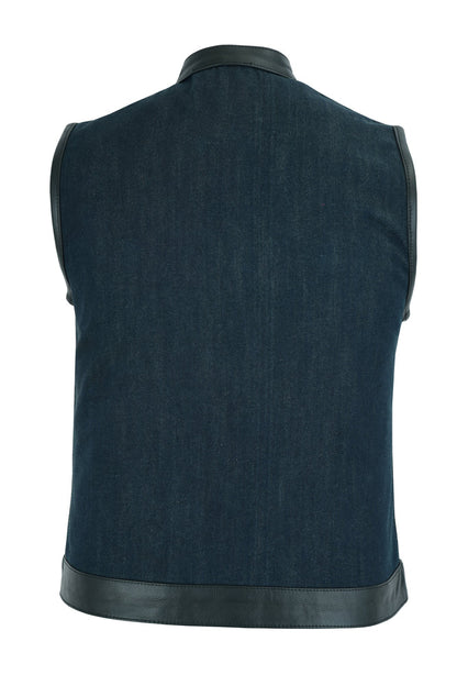 DM Women's Broken Blue Rough Rub-Off Raw Finish Denim Vest W/Leath