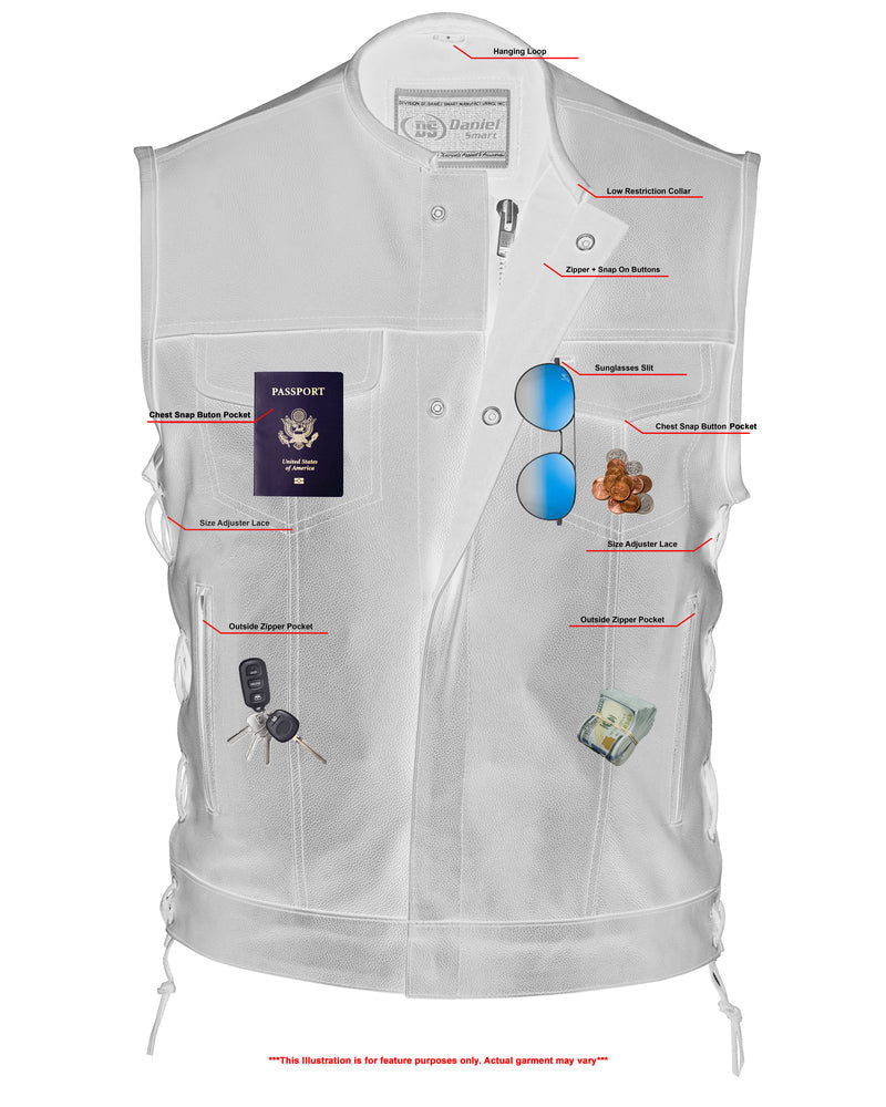 RC Men's Combat Black motorcycle Leather Vest - Gun Pockets & Side Laces