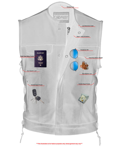 RC Men's Combat Black motorcycle Leather Vest - Gun Pockets & Side Laces
