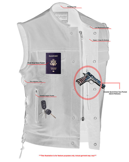 RC Men's Combat Black motorcycle Leather Vest - Gun Pockets & Side Laces