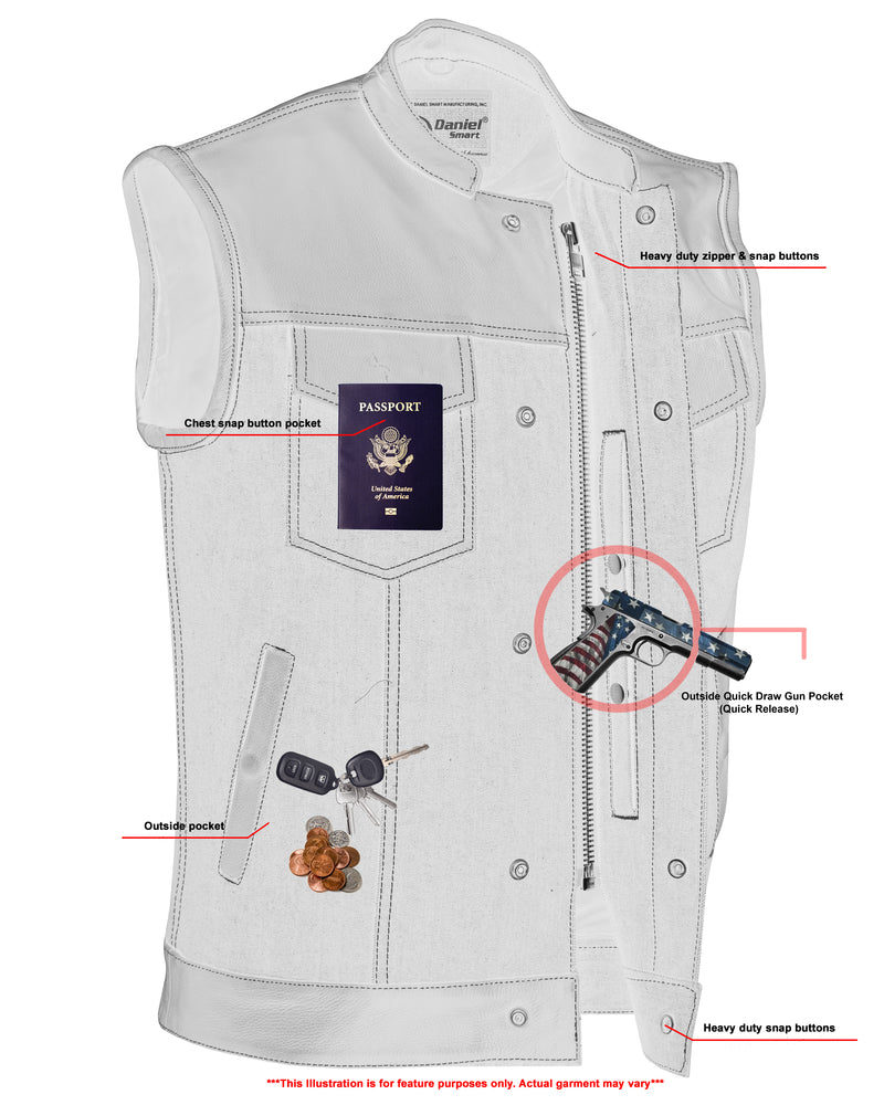 DM Men's Leather-Denim Combo Motorcycle Vest w/ Scoop Collar