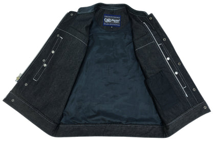 DM Men's Leather-Denim Combo Motorcycle Vest w/ Scoop Collar