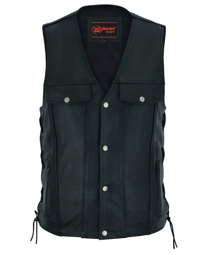 RC Men's Black Leather Vest with Side Laces and Smart Access Pockets