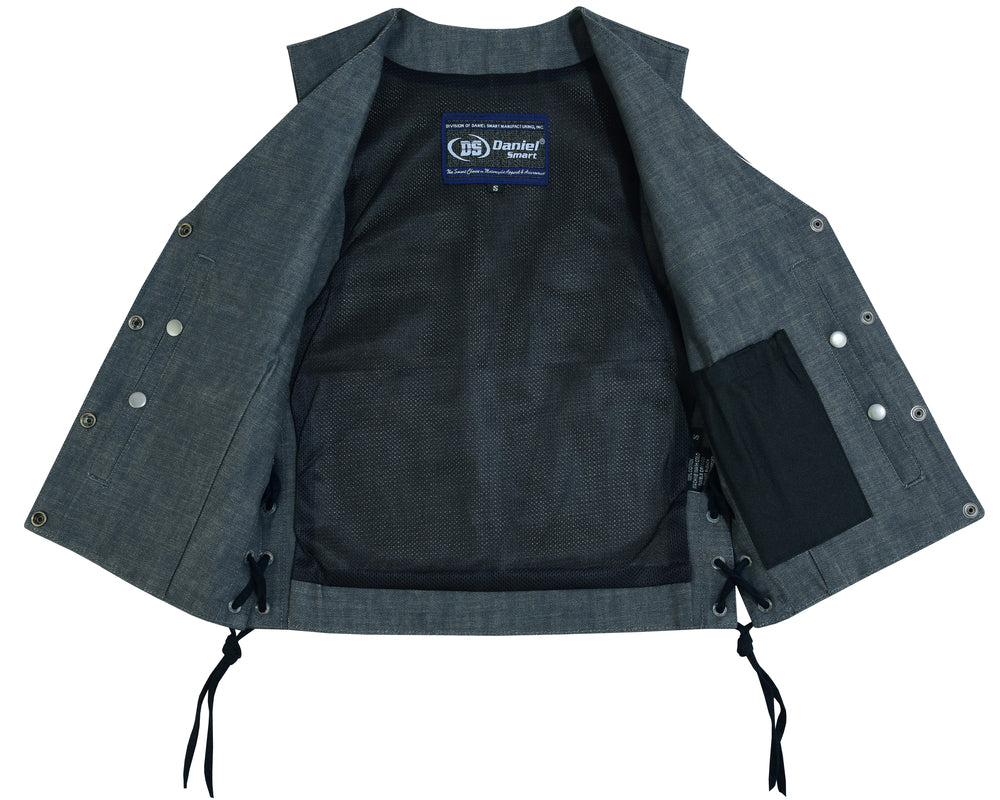 DM Women's Rough Rub-Off Raw Finish Broken Gray Denim Vest