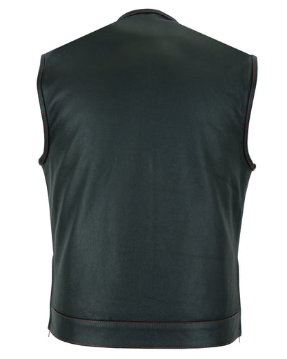 Men's Banded Collar leather Vest with USA Flag Lining & Red Stitching