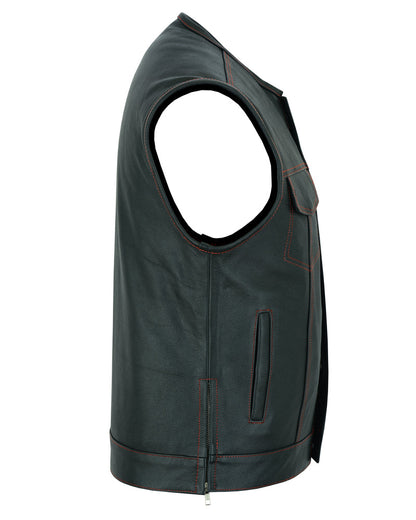 Men's Banded Collar leather Vest with USA Flag Lining & Red Stitching