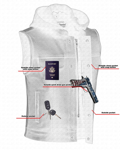 RC Men's Black Leather Motorcycle Vest with Removable Hood