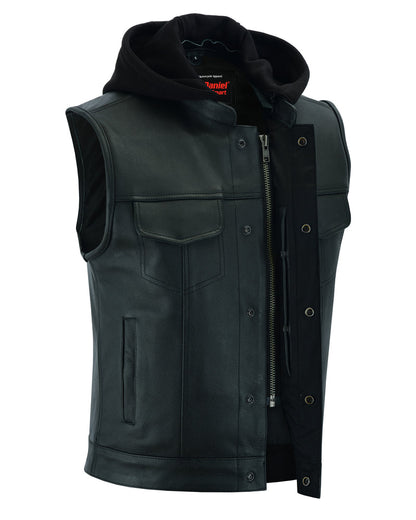 RC Men's Black Leather Motorcycle Vest with Removable Hood
