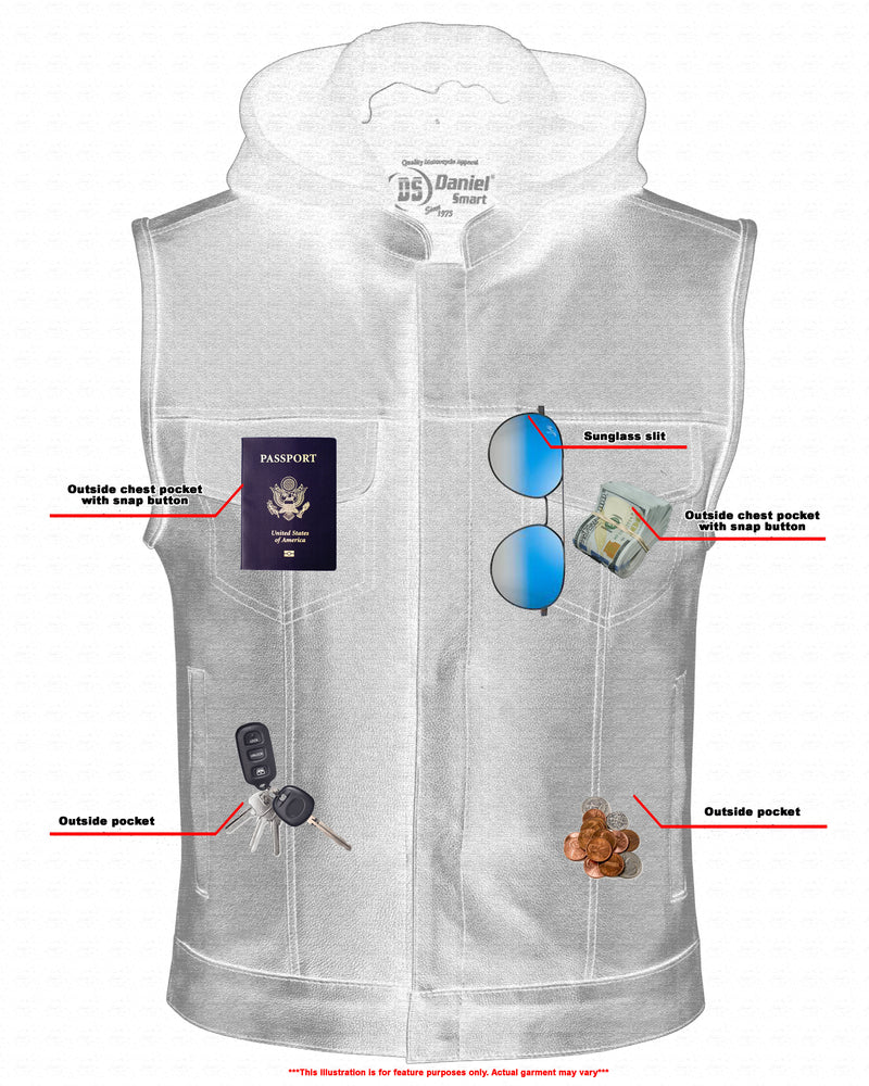 RC Men's Black Leather Motorcycle Vest with Removable Hood