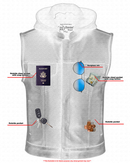 RC Men's Black Leather Motorcycle Vest with Removable Hood