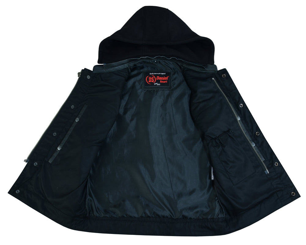 RC Men's Black Leather Motorcycle Vest with Removable Hood