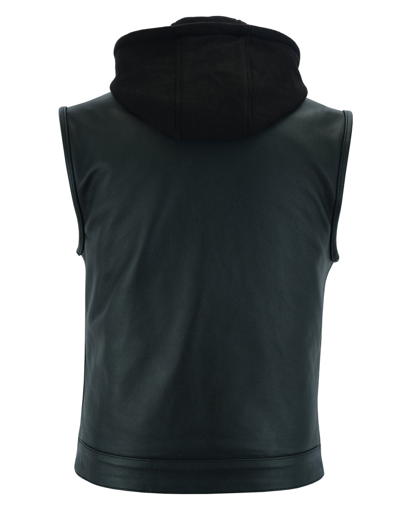 RC Men's Black Leather Motorcycle Vest with Removable Hood