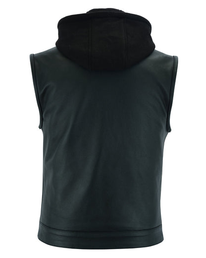 RC Men's Black Leather Motorcycle Vest with Removable Hood
