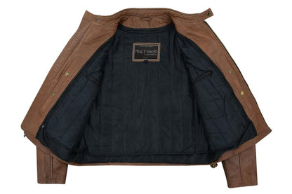COPPER SLAYER MEN'S SHEEPSKIN LEATHER FASHION JACKET WITH SNAP BUTTON COLLAR