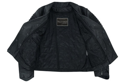SHADOW QUEEN WOMEN'S BLACK FASHION LEATHER JACKET WITH RIBBED ACCENTS